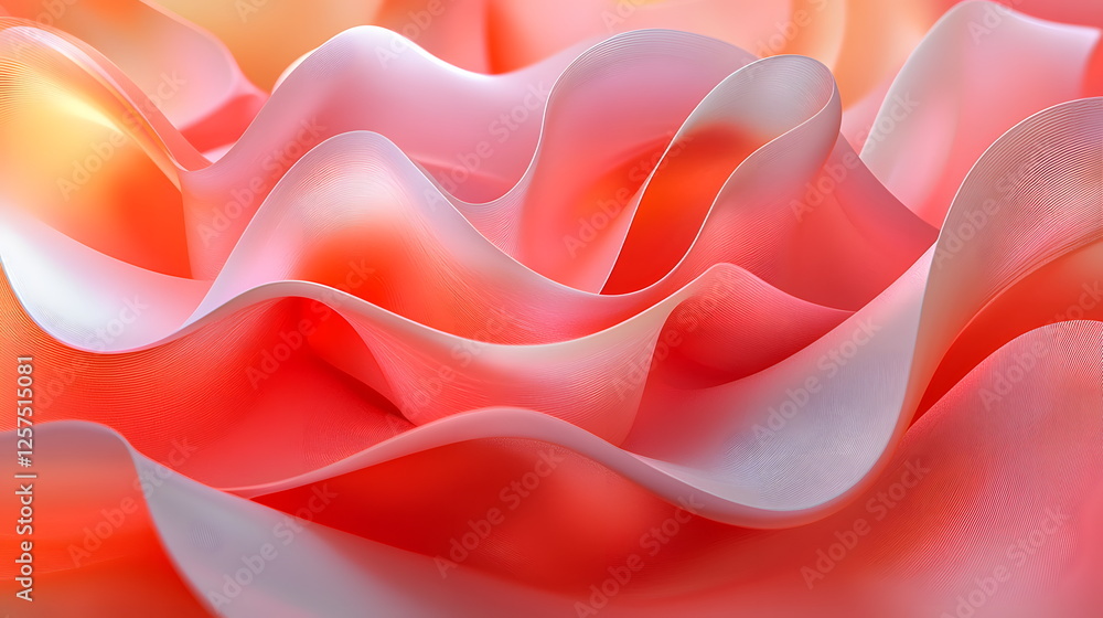 Poster soft coral fabric flowing gracefully in undulating waves, illuminated by gentle ambient light, creat