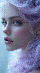 Portrait of a young woman with lavender hair, soft lighting, and a dreamy expression, showcasing beauty