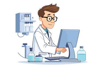 Illustration of a scientist in a lab coat, working with a computer and lab equipment, on a white background 5