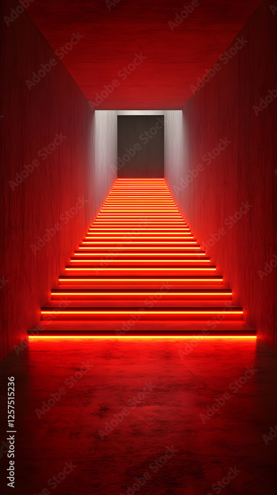 Aufkleber staircase illuminated by red lights creating a dramatic atmosphere in a modern architectural space.