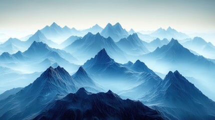 Expansive mountain range with layered peaks under soft blue haze at dawn, tranquil atmosphere