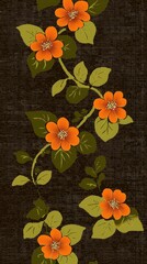 Vibrant floral pattern featuring orange flowers and green leaves on a textured dark background