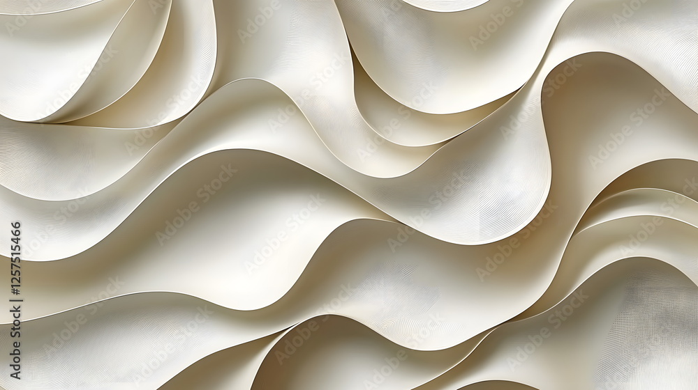 Poster wavy cream-colored wall texture with smooth folds and abstract design illuminated by soft lighting.