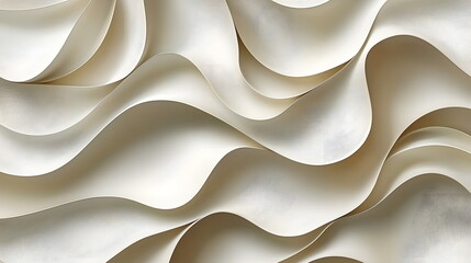 Wavy cream-colored wall texture with smooth folds and abstract design illuminated by soft lighting.