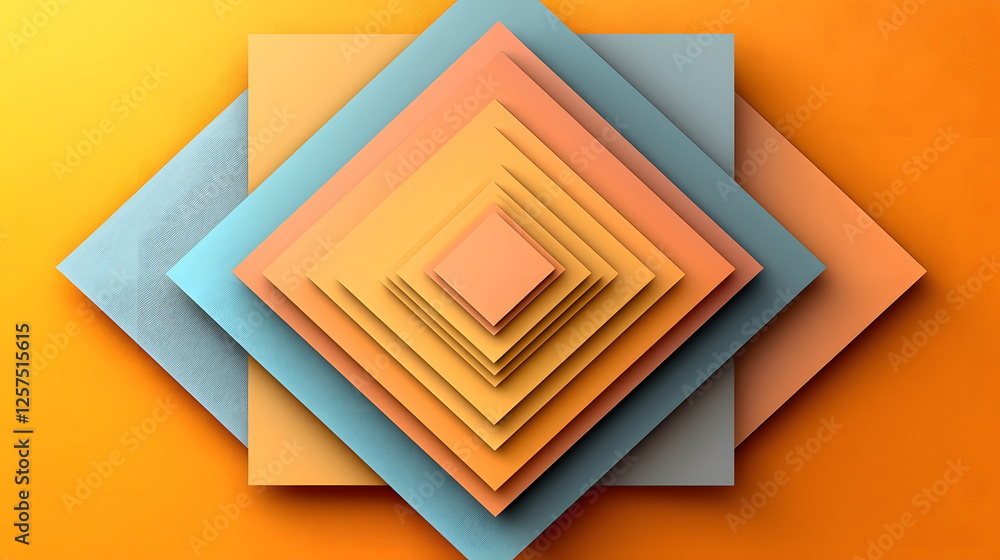 Poster layered geometric shapes in warm colors arranged on a bright orange background creating a visually s
