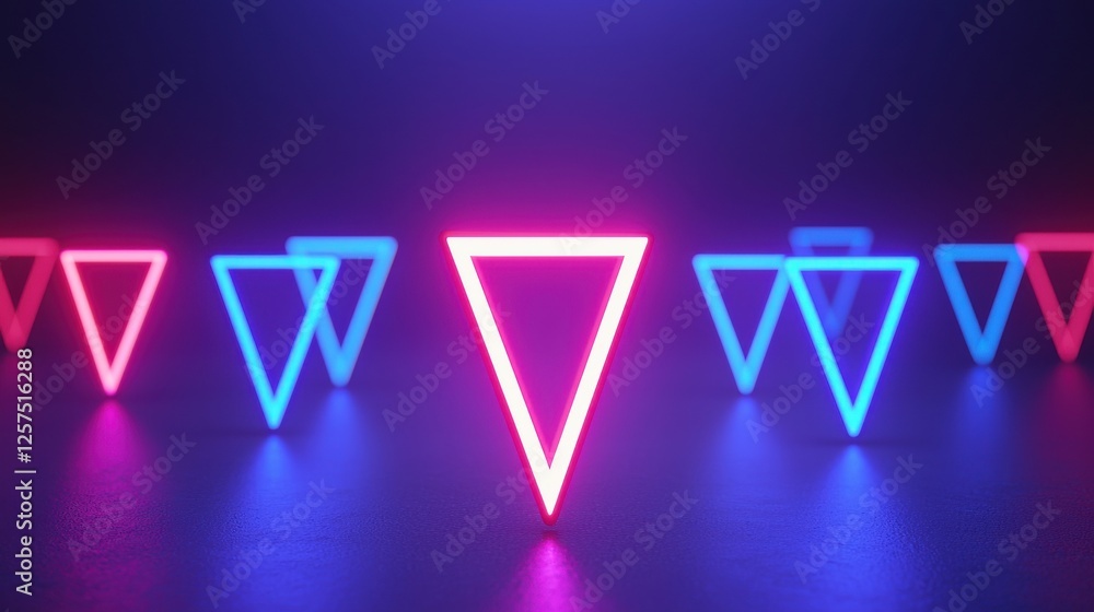 Poster a vibrant display of neon triangular shapes in blue and pink, creating a captivating light effect ag
