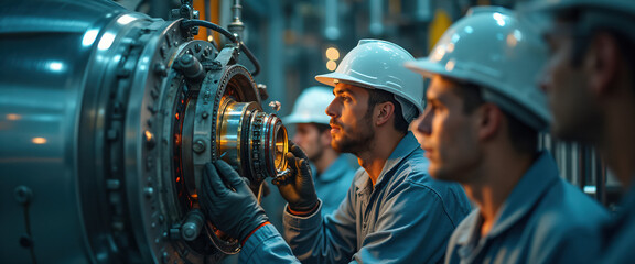 Adult Caucasian male technician inspecting industrial turbine at nuclear power station, Nuclear Power