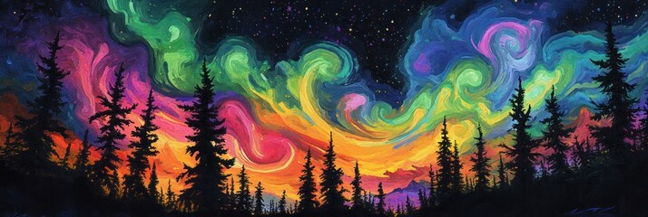Vibrant Aurora Borealis Display Over Silhouetted Pine Trees