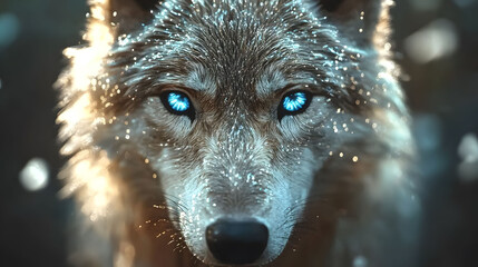 
A majestic wolf with glowing blue eyes, surrounded by icy crystals, ultra-realistic