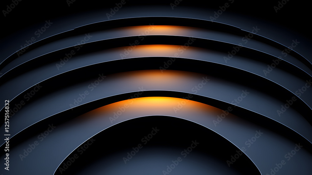 Poster curved layers illuminated by warm orange light in a dark background creating a futuristic abstract d