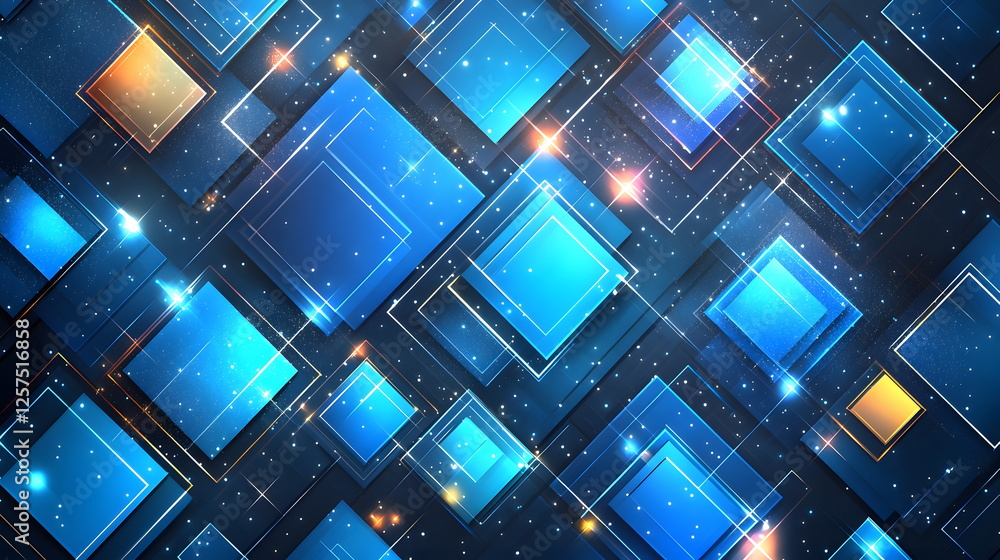 Poster blue geometric squares with glowing edges and sparkles against dark background, creating a vibrant a