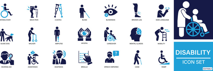 Disability icon set wheelchair, accessibility, blind, broken leg, disabled, You can easily change the color.