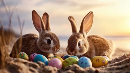 Fototapeta premium Two bunnies beach sunset Easter eggs