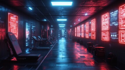 Futuristic gym corridor glowing neon red blue