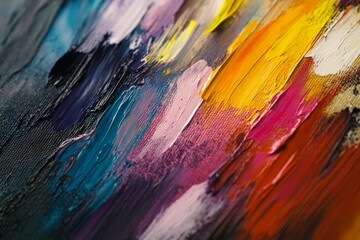 Fototapeta premium Close-up of colorful paint brushstrokes on canvas. Artificial Intelligence