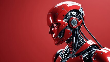 A sleek red robot with intricate mechanical details, set against a bold red background