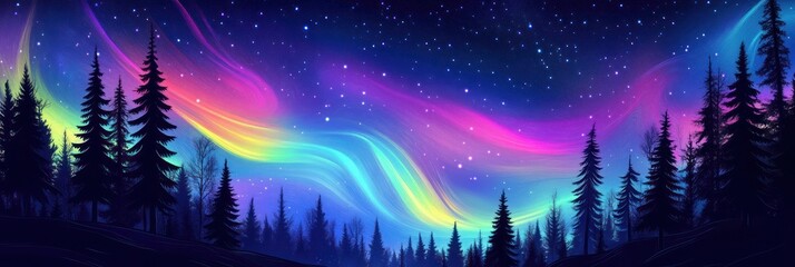 Fototapeta premium Aurora Borealis Illuminates Silhouetted Pine Forest at Night