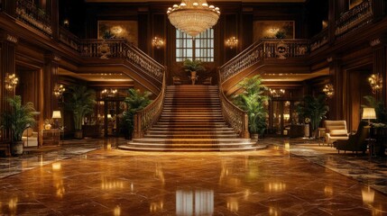 Obraz premium Grand staircase in opulent, dark wood lobby.