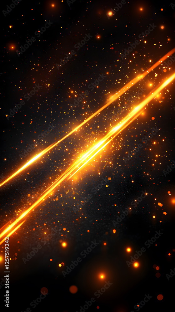 Poster bright orange light streaks in a dark background filled with sparkling stars and glowing particles c