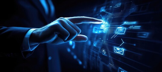 Hand interacts with digital interface, global network backdrop, business use