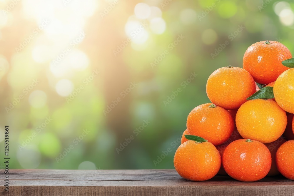 Poster a pile of fresh oranges on a rustic wooden table ready for consumption or juicing