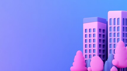 Colorful 3d Cartoon Cityscape with Pink Buildings and Trees