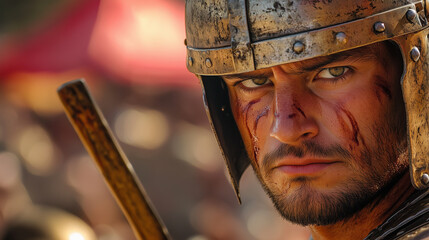Fête de la Saint-Georges, close-up of a man in knight costume with open helmet, Ai generated images