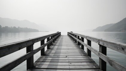Striped monochrome wooden bridge spanning tranquil water, texture, landscape