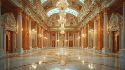 Grand opulent hall, marble floors, golden accents