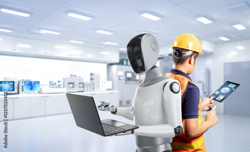 Poster automation industry with engineer work with assistant robot
