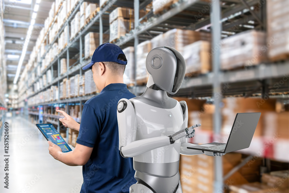 Poster automation warehouse with engineer cooperate with assistant robot in warehouse