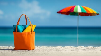 Colorful beach scene with an orange tote bag and a vibrant umbrella in the background.