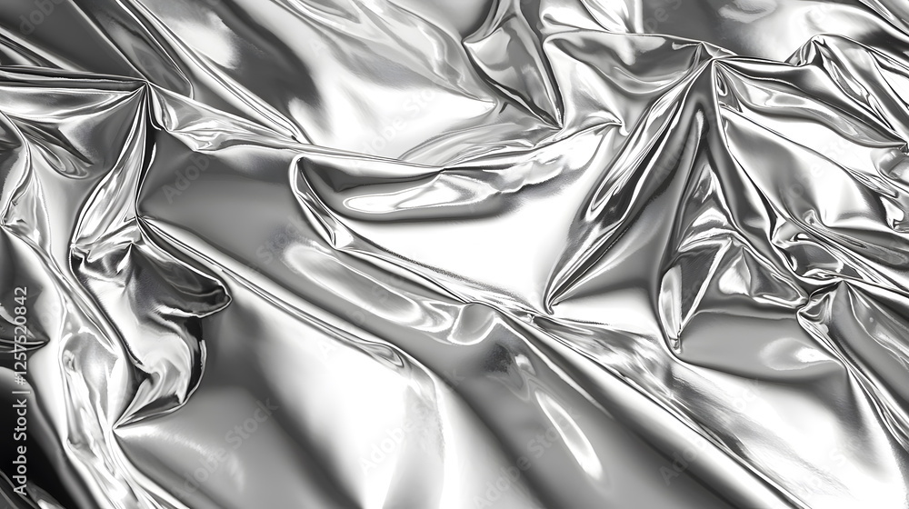 Aufkleber shiny metallic fabric crumpled with intricate folds and smooth reflective surfaces in soft lighting.