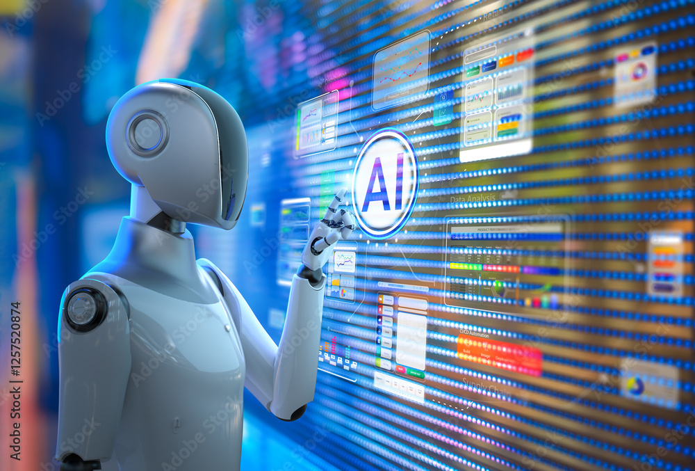 Poster ai technology with humanoid robot with hud graphic interface