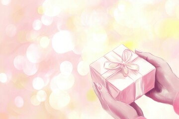 Fototapeta premium Hands Holding Pink Gift Box with Ribbon on Soft Light Bokeh Background