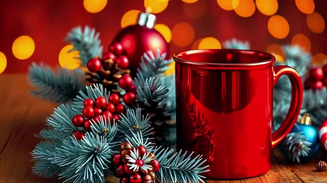 Festive red mug surrounded by Christmas decorations and pine branches on a wooden table