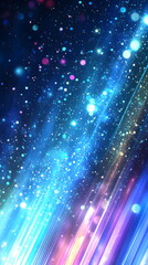 Luminous cosmic background with vibrant sparkles and streaks of light featuring deep blues and purples.