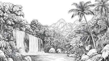 Tropical Waterfall Landscape Lush jungle, cascading water, mountains, peaceful river; ideal for travel brochures