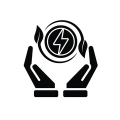 sustainable icon. green energy vector in hand. tree and lightning symbol. reuse, recycle, net zero, green energy, eco friendly concept. Solid design style