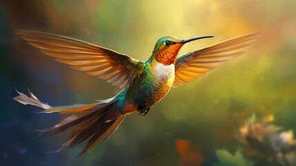 Fototapeta premium Up Close with Nature's Marvel: Rufous Hummingbird's Long Tongue in Flight