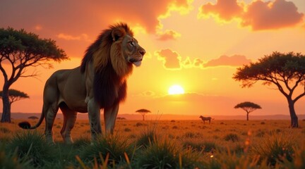 Majestic Male Lion Silhouetted Against a Vibrant Sunset in the Savannah