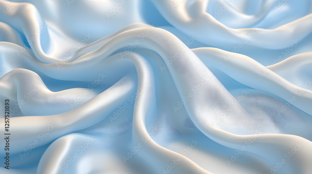 Poster silky blue fabric draped elegantly with smooth and flowing waves creating a soft, luxurious texture 