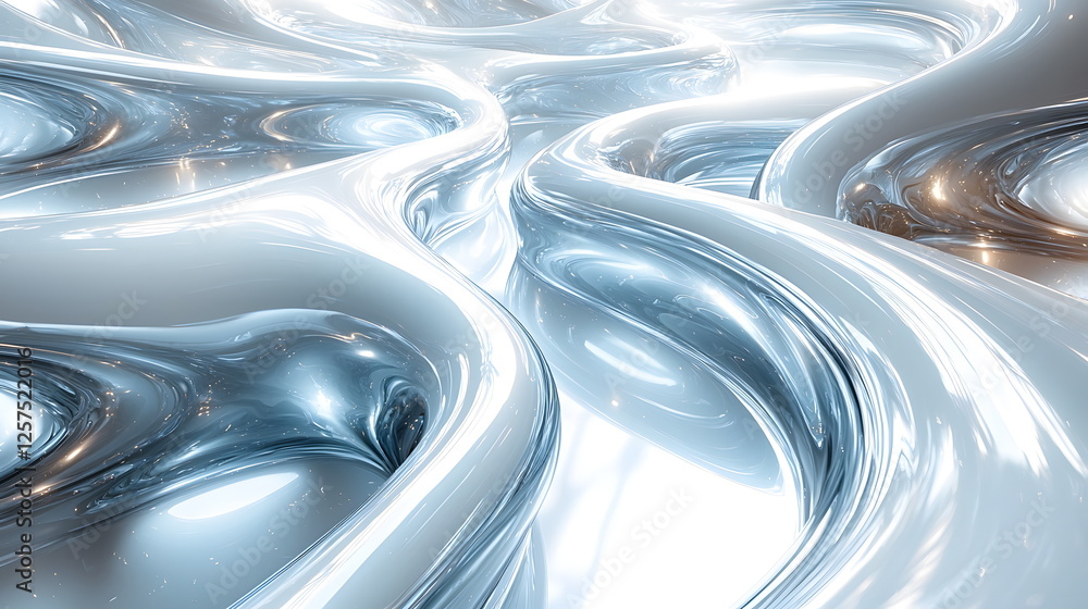 Poster glossy abstract fluid shapes swirling together, creating a mesmerizing white and silver textured des