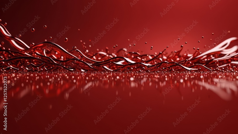 Poster red liquid splashes dynamically on a reflective surface, creating an energetic abstract scene