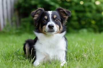 A small dog is sitting on the grass with its head up. The dog is looking at the camera and he is happy