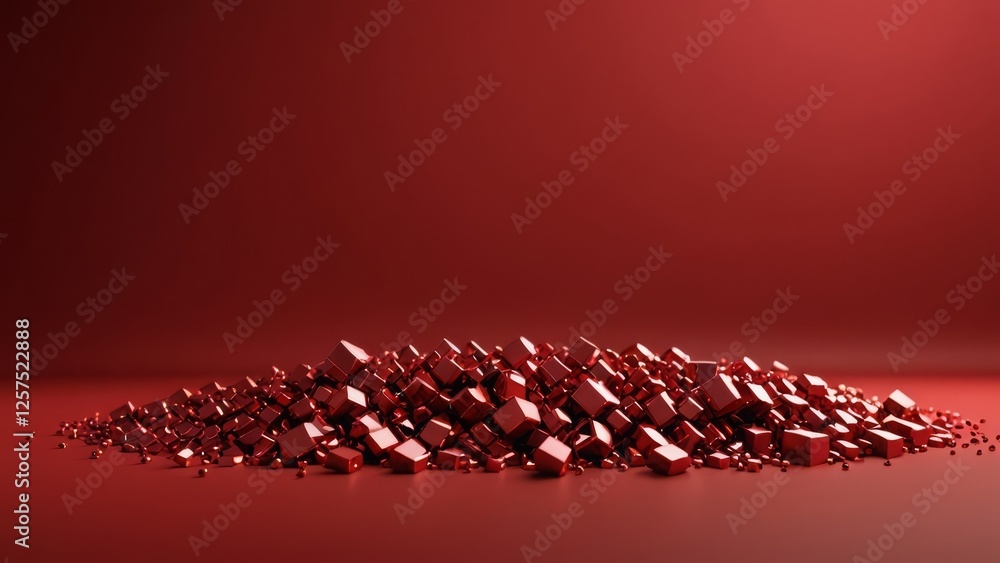 Poster pile of red cubes scattered on a smooth surface in a minimalistic, abstract setting