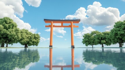 Tranquil Japanese Torii Gate Reflecting in Calm Water Surrounded by Lush Green Trees Under a Serene Blue Sky