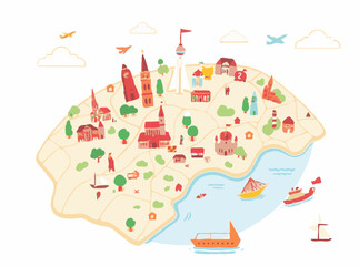 Travel Map with Landmarks and Tourist Spots