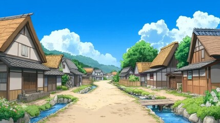 Picturesque Japanese Village Scene Tranquil Countryside Houses and Streams Sunny Day Anime Style Illustration