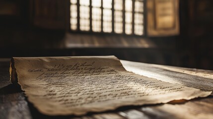 Weathered handwritten letter on aged paper placed on wooden desk, symbolizing a jail letter, evoking somber and reflective emotions, historical and nostalgic concept.